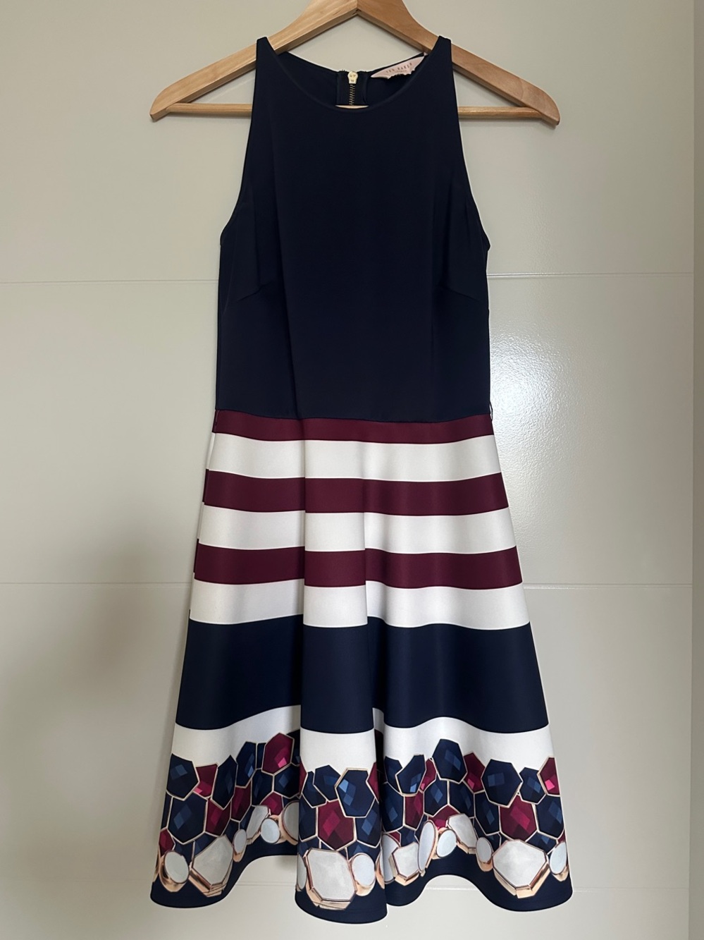 Ted Baker Navy, White & Burgundy Striped Fit-and-Flare Dress with Belt